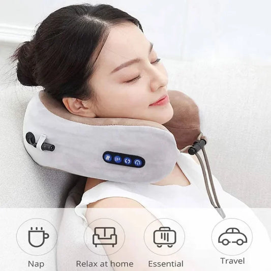 Woman using a neck massager with various usage scenarios displayed below.